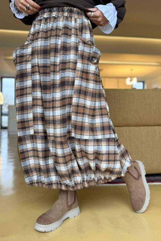 Roberta Plaid Brushed Cotton Balloon Hem Skirt Camel